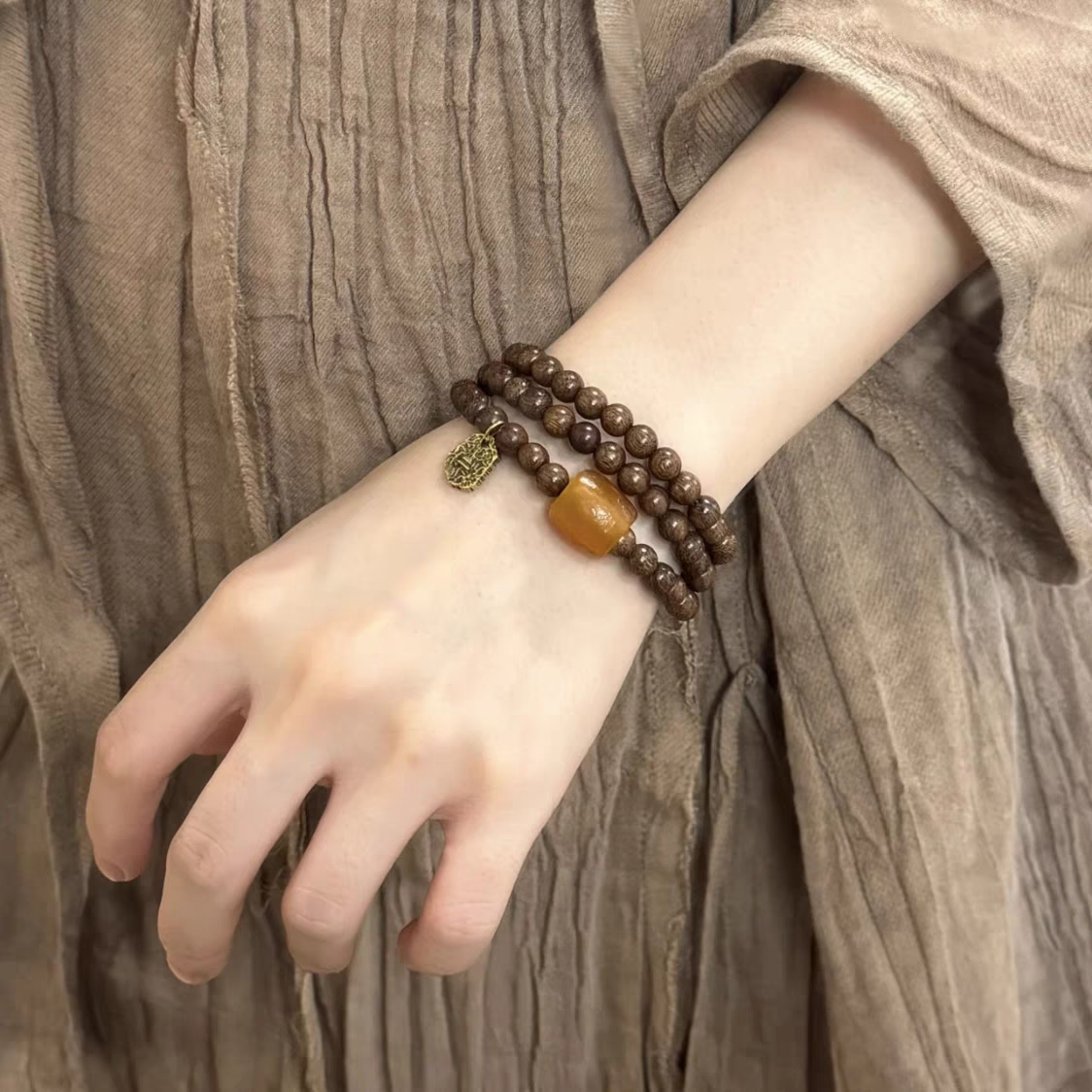 天然金丝檀木三圈款新中式禅意佛珠念珠串珠文玩女生手串手链配饰