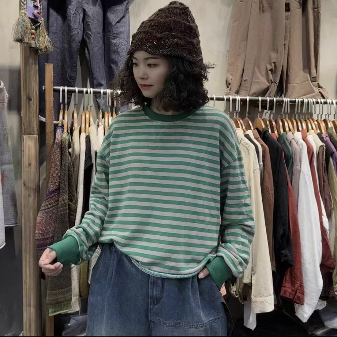 青禾-文艺韩版清新长袖上衣宽松休闲减龄百搭卷边条纹卫衣BBT8235