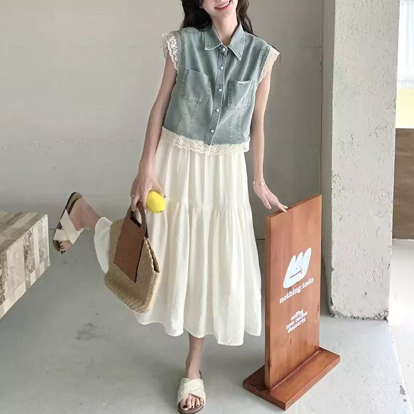 5159#2025新款时尚牛仔马甲吊带裙两件套套装