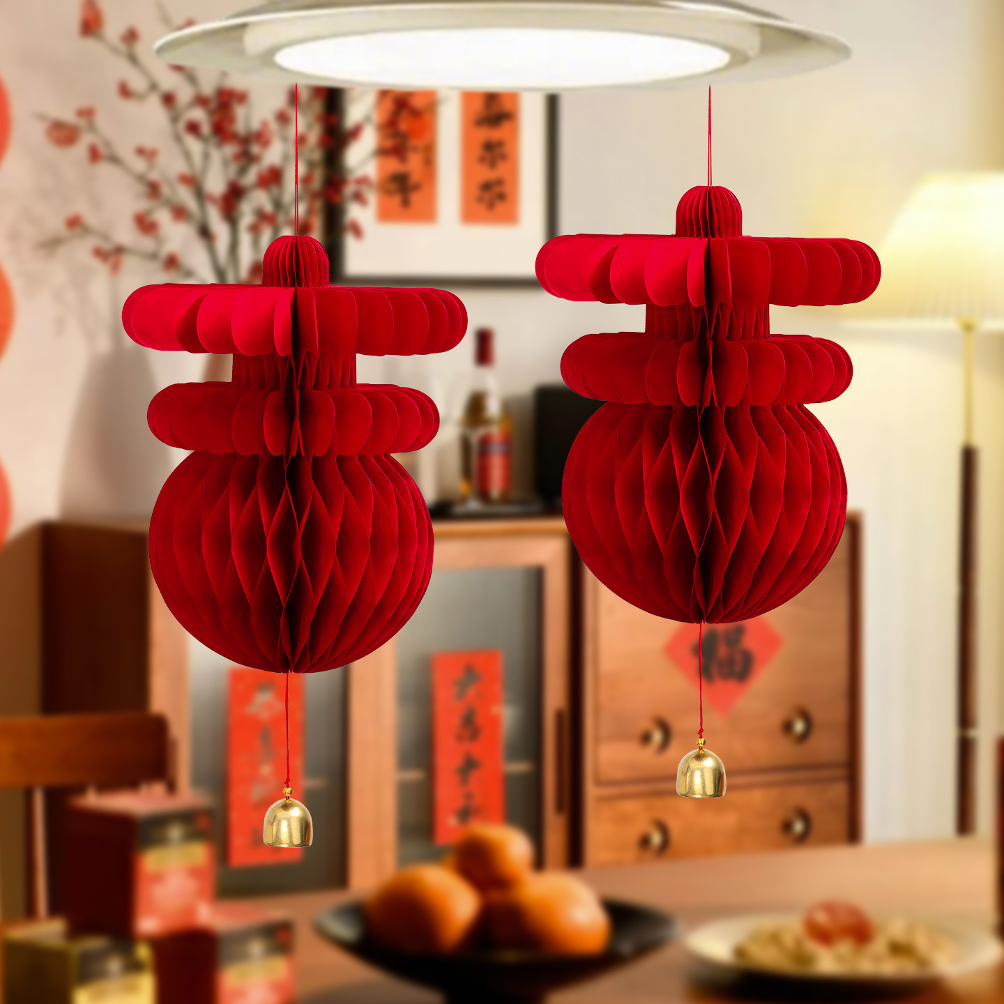 DL[吉字]新中式新年春节铜铃挂饰新婚婚房布置蜂窝挂件过年装饰