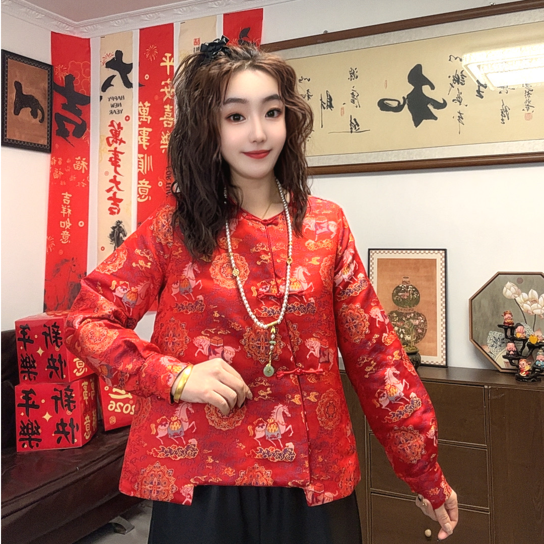 马到成功新年款新中式双层提花缎偏襟上衣显瘦百搭