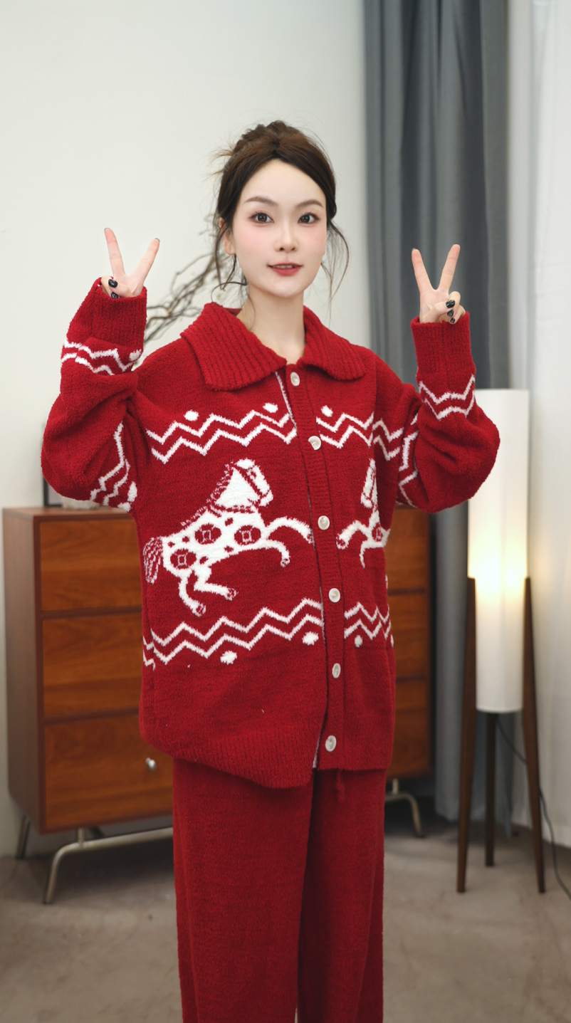 玺秋/新款马年款加绒加厚半边绒家居服秋冬保暖睡衣宽松套装1382