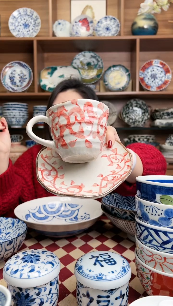 【闪购商品】瓷片章鱼唐草 咖啡杯碟套装（赤）