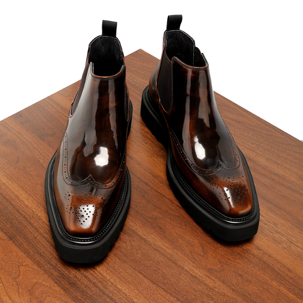 高端头层牛皮亮面真皮套筒短靴英伦风方头切尔西靴男高帮皮鞋冬季