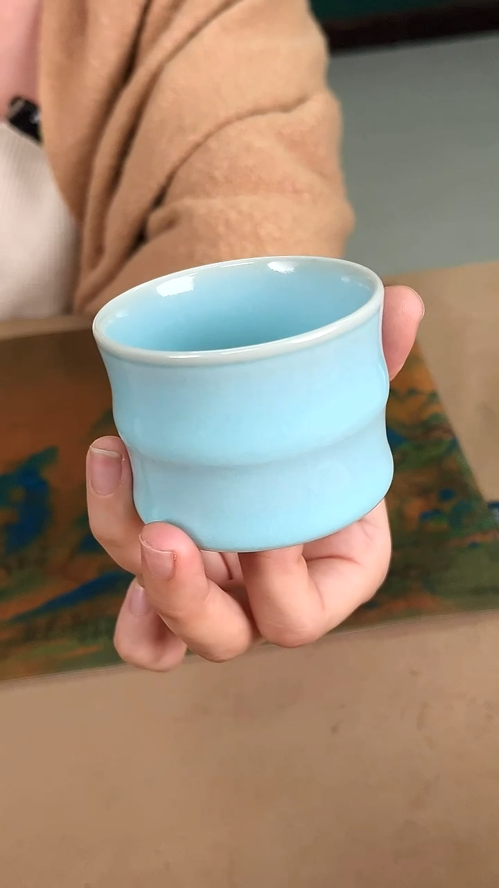 杯子瓷韩红天青釉竹节杯