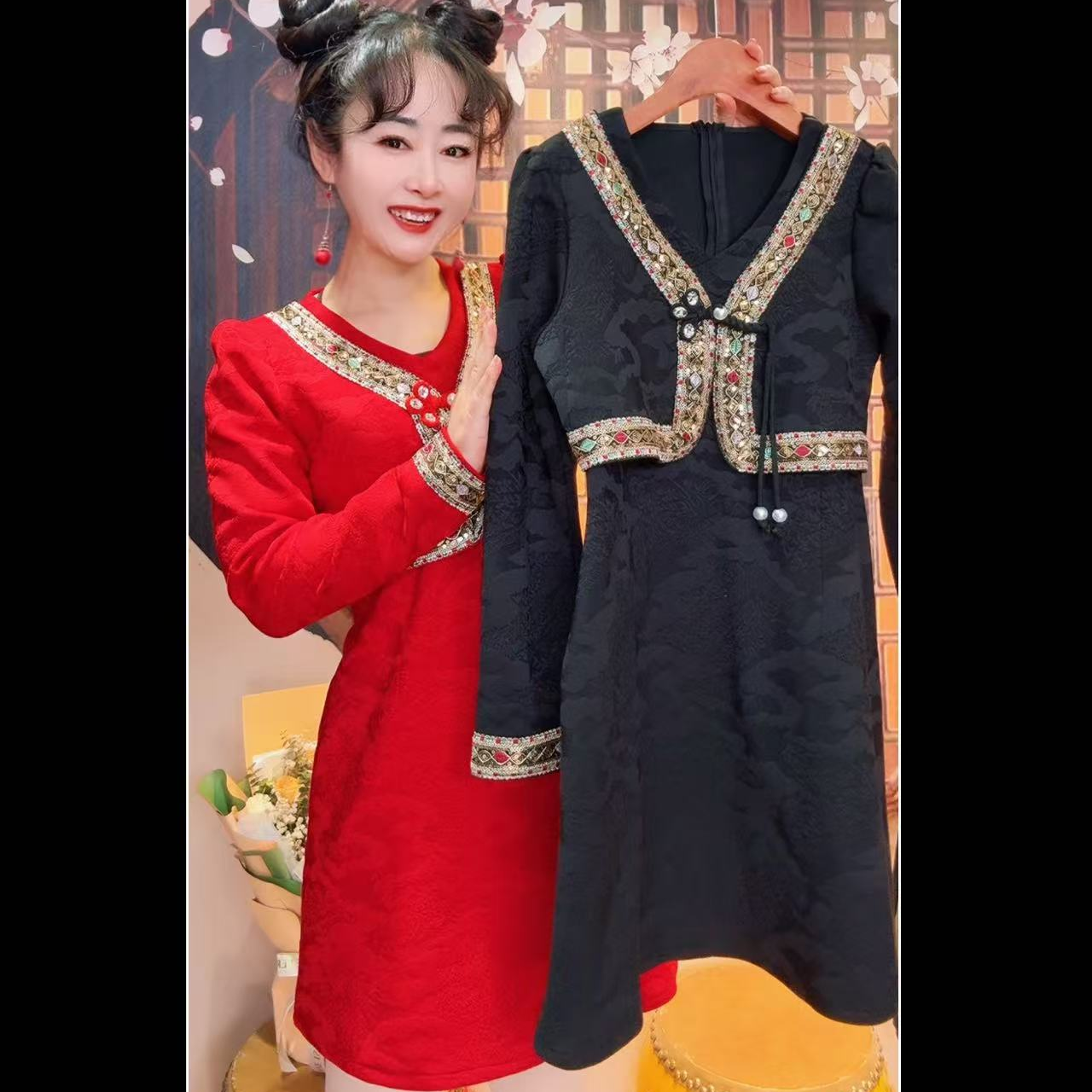 加绒假两件长袖上衣连衣裙子时尚秋冬唐汉布依新款Y