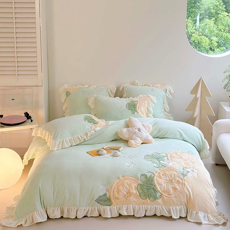 左柚家丨柠檬  小清新刺绣双面绒被套加厚牛奶绒四件套加绒床品