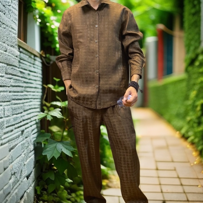 （新款上新）夏秋季男士长袖衬衫衬衣上衣宽松提花双面穿香云纱男款