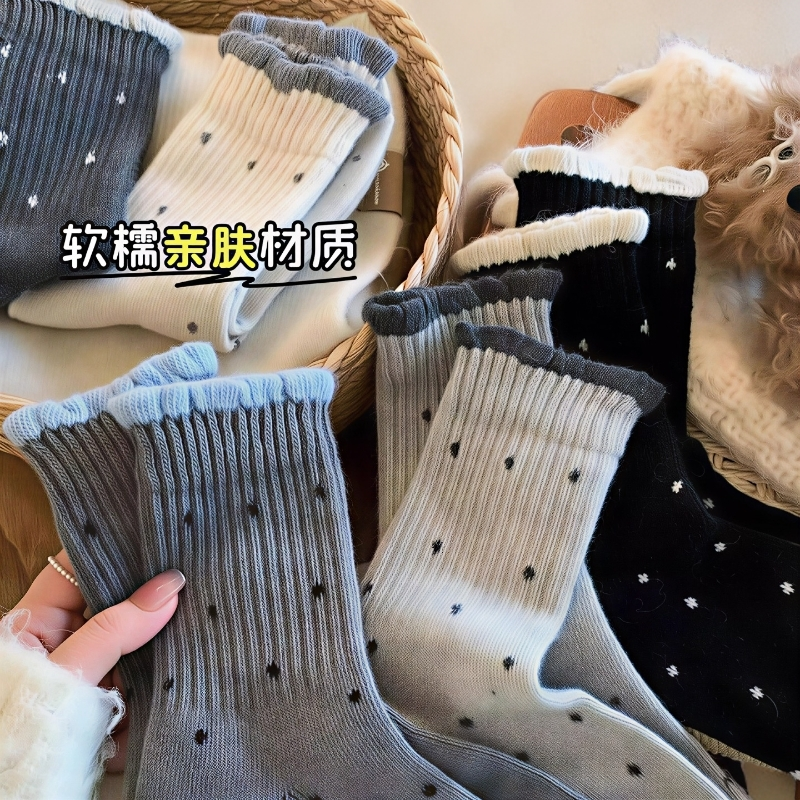 5双秋冬季波点袜子女灰色中筒袜加厚保暖花边棉袜复古花边长筒袜