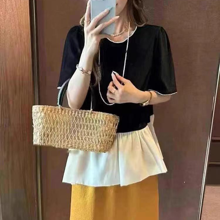 （柚子同款）夏季宽松型植绒法式花边百搭上衣