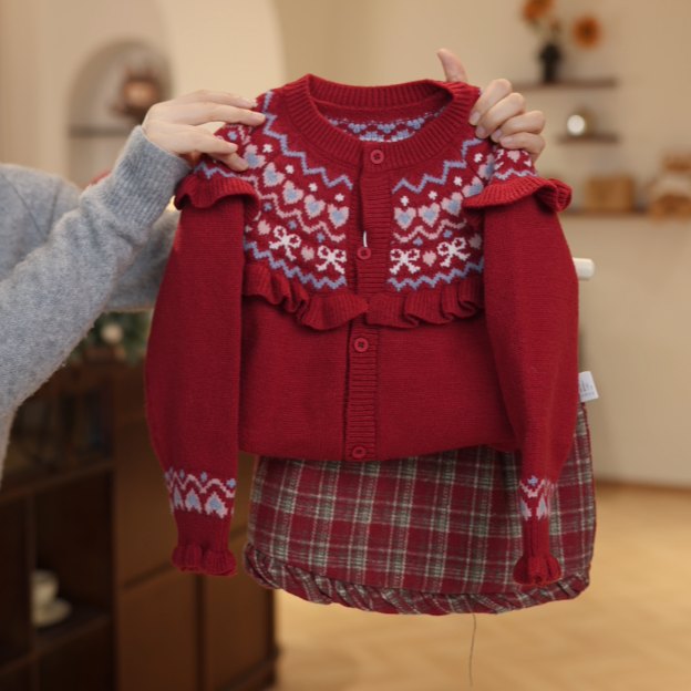 【新年礼物】针织新款女宝宝2026新年毛衣开衫荷叶边红色毛衣费尔岛