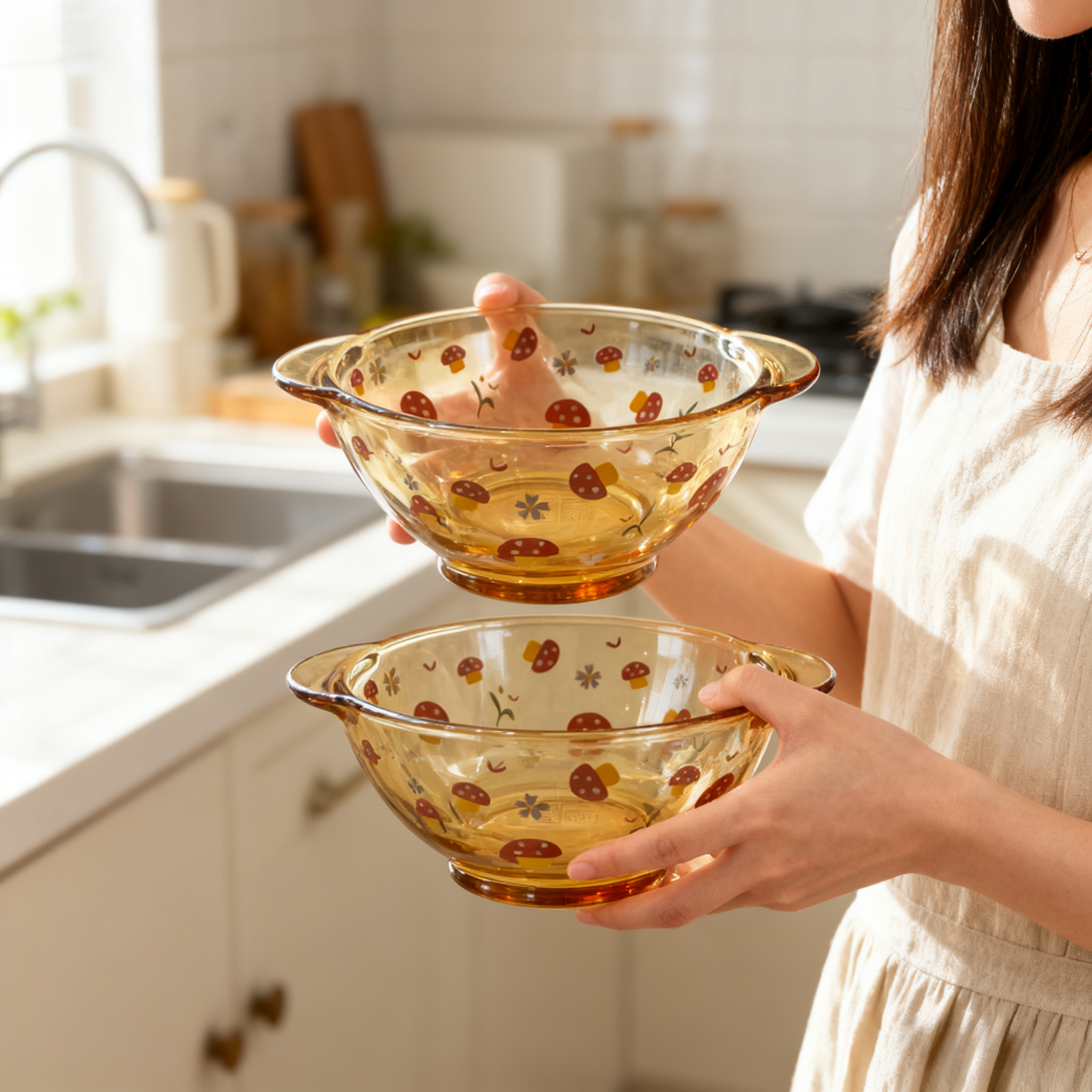 两只500ml蘑菇琥珀原色高硼硅玻璃双耳碗家用耐高温沙拉碗米饭碗-