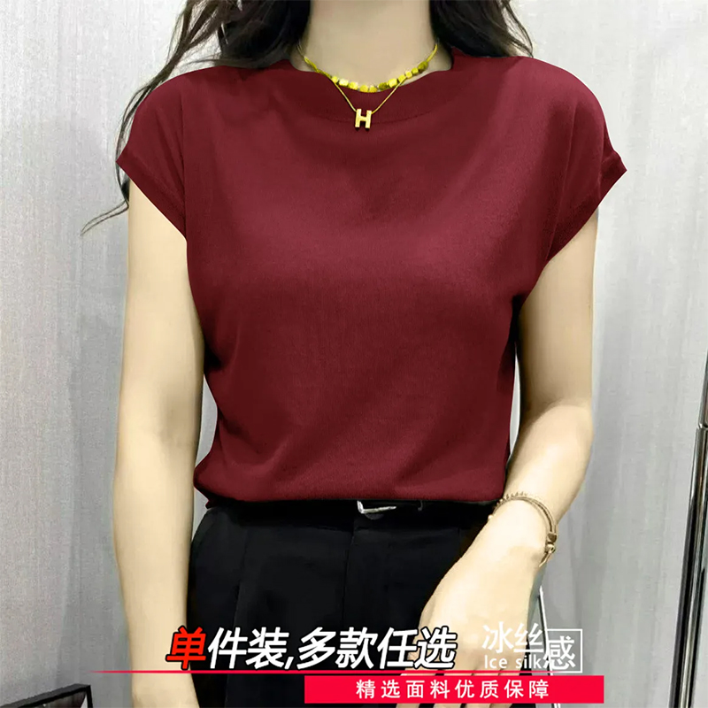 2025年纯色小飞袖T恤上衣新款女时尚百搭圆领春夏季设计感冰丝t恤