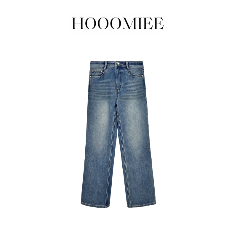 Hooomiee 美式经典 时尚加厚水系蓝色直筒女士牛仔裤HXZ25013
