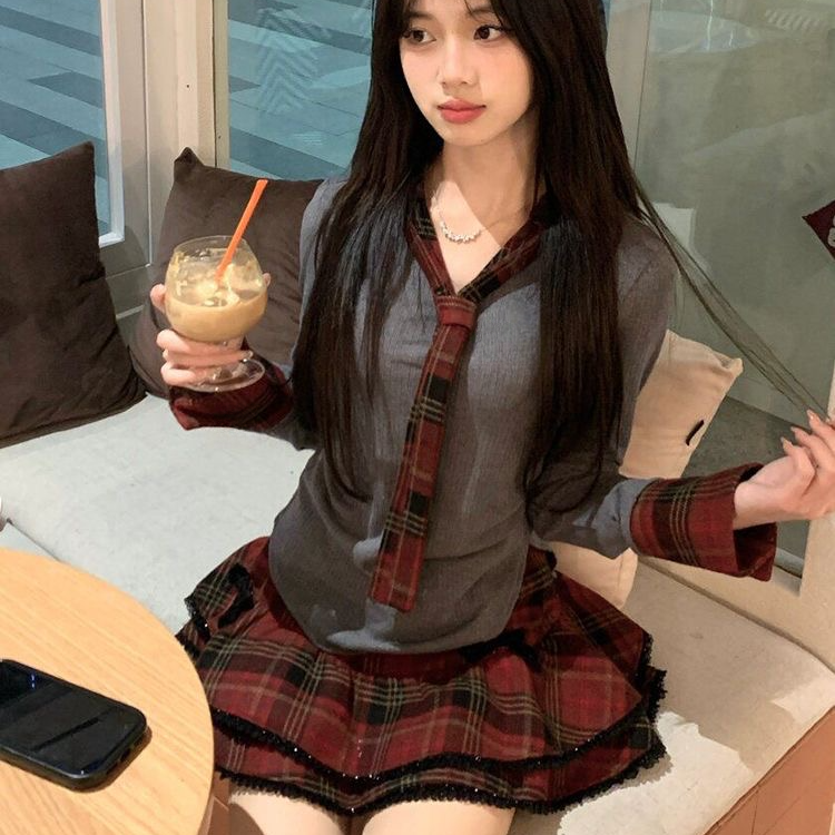 潮流新款早春拼色针织套装裙女两件套短款蓬松半身裙搭配时尚