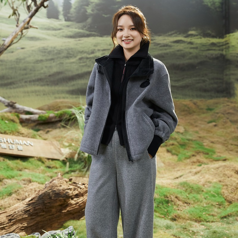 雅舒曼【黑标银河】时尚保暖羊毛宽松立领拉链长袖外套8S122W04260