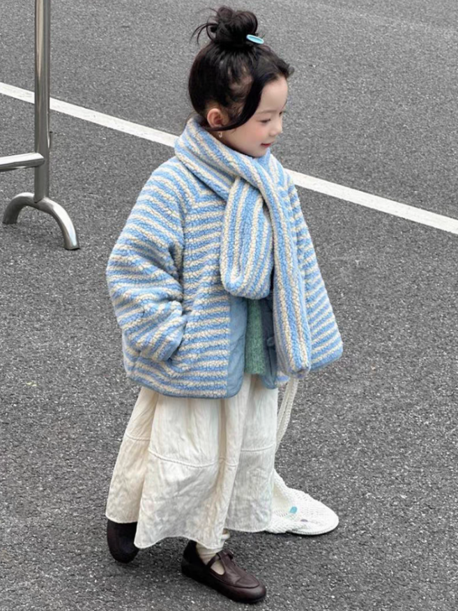 女童中大童2025冬季休闲风条纹保暖外套百搭秋冬季韩版气质大衣