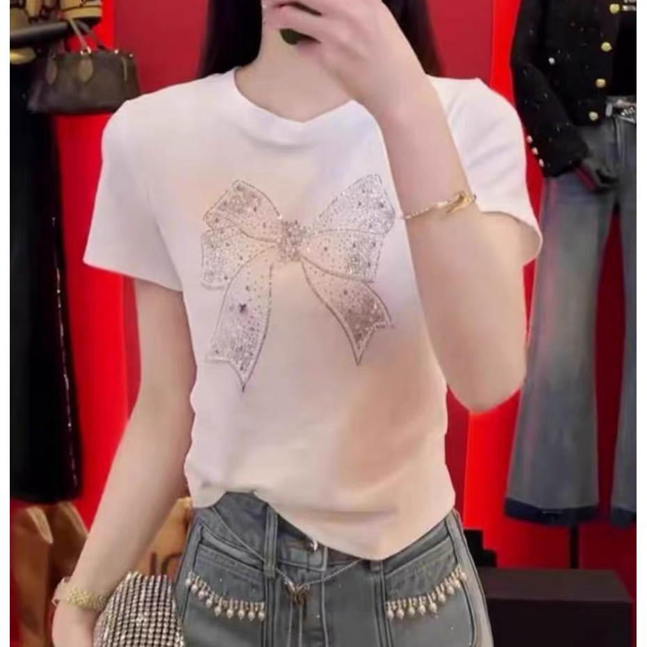 欧洲站夏季气质时尚烫钻蝴蝶结图案宽松短袖打底T恤女内搭半袖tee