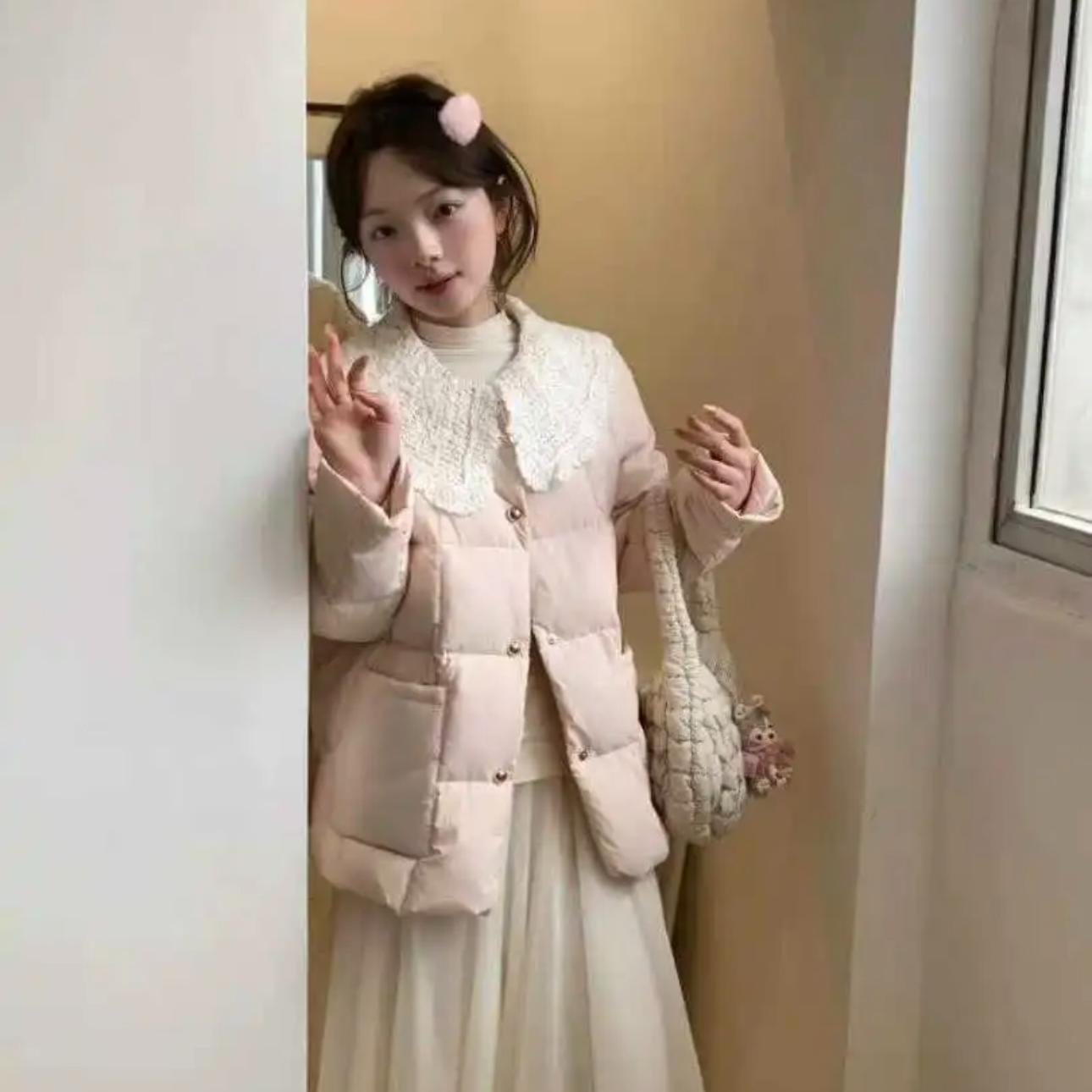 波点刺绣羽绒服短款百搭甜美韩版公主风网红