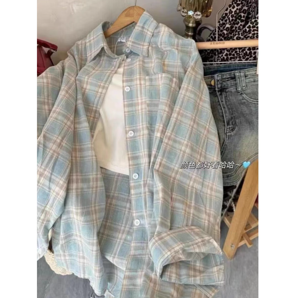 复古长袖格子衬衫宽松外套衬衣女小众设计感外搭上衣潮百搭韩版