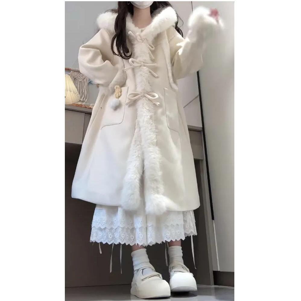 甜美毛毛拼接毛呢外套女秋冬季2025新款宽松长款连帽呢子大衣