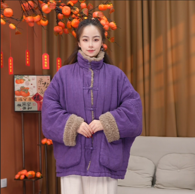 【冬日暖阳】立领复古棉服上衣染色拼接半开领常规盘扣女装棉衣