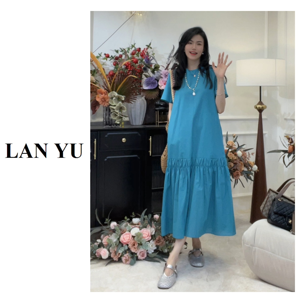 小个子/常规~【海与浪花】韩系显白宽松棉麻连衣裙极简风长裙LY