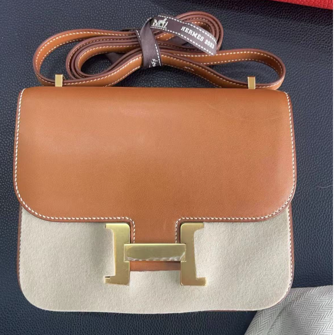 99新 Hermes/爱马仕 康康19 滑面马鞍皮 金扣 C刻