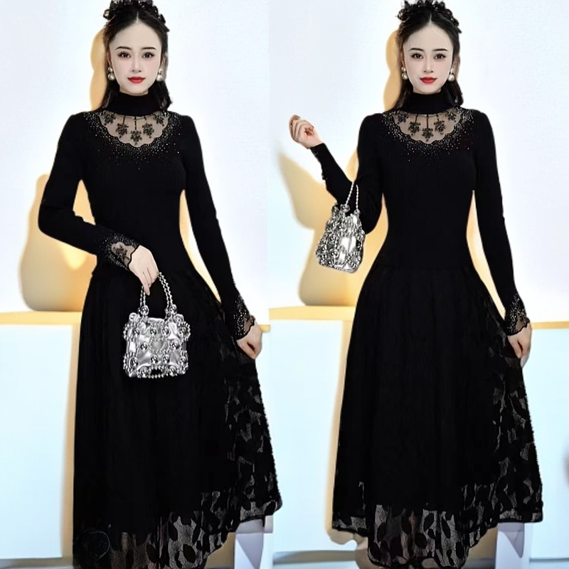 619#【木兮兮专属】2025年春夏修身镂空百搭时尚气质针织长款连衣裙