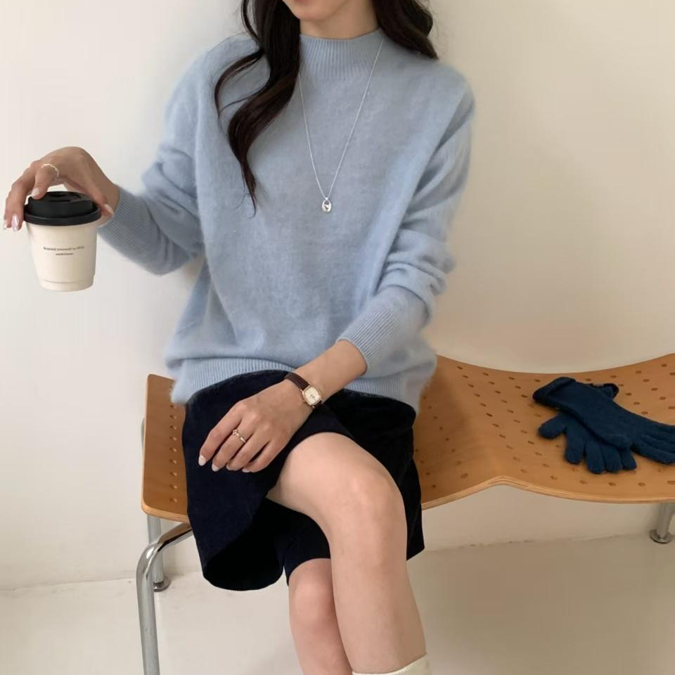 慵懒风拉绒羊绒衫女半高领秋冬新款宽松软糯拉毛羊毛衫针织打底衣