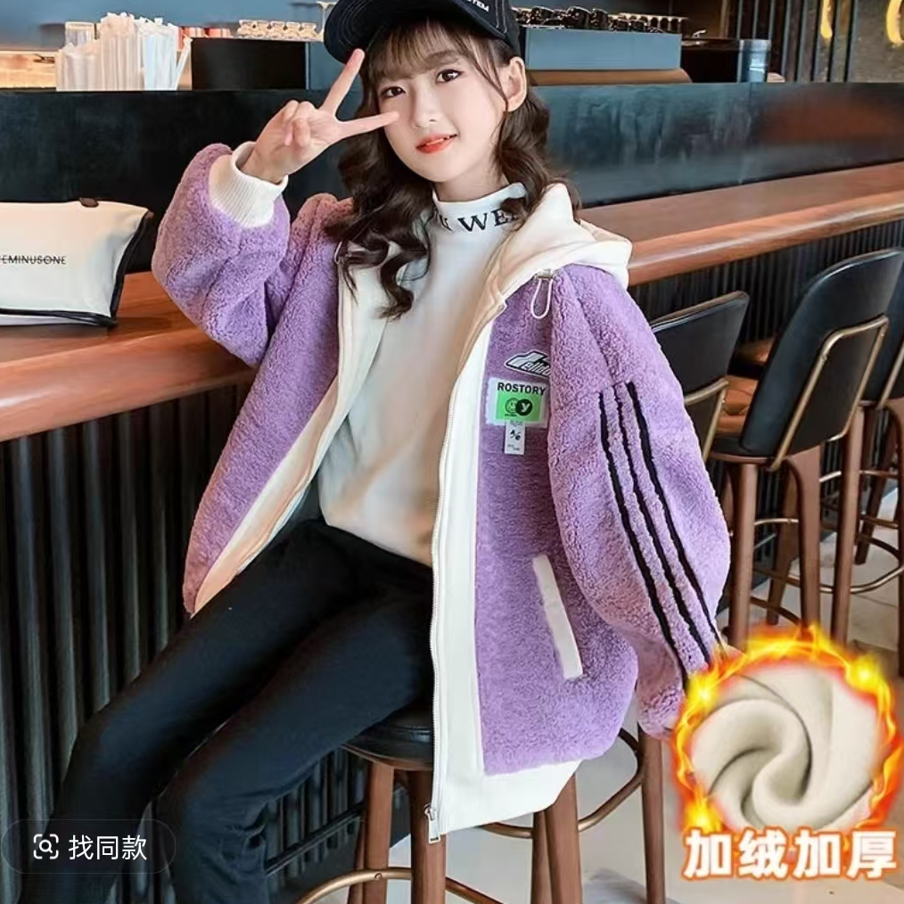 F18女童秋冬紫色连帽加绒加厚外套