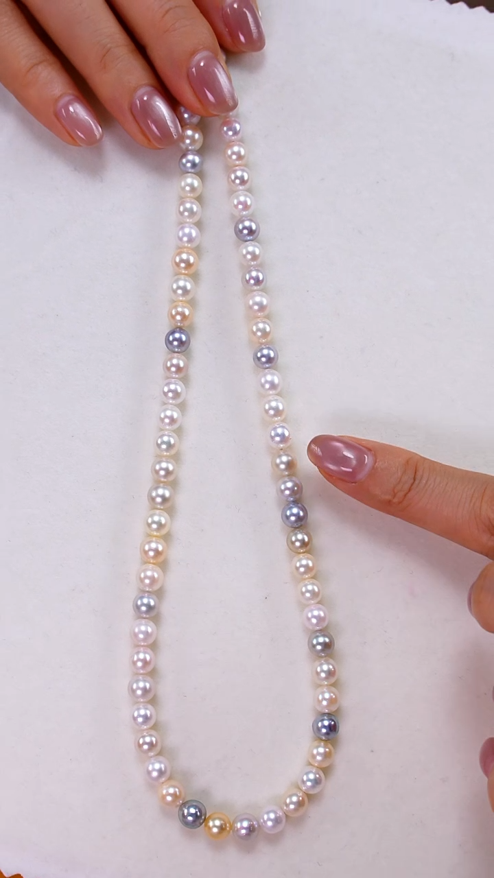 项链银S925镶嵌海水珍珠Akoya6-6.5mm混彩糖果