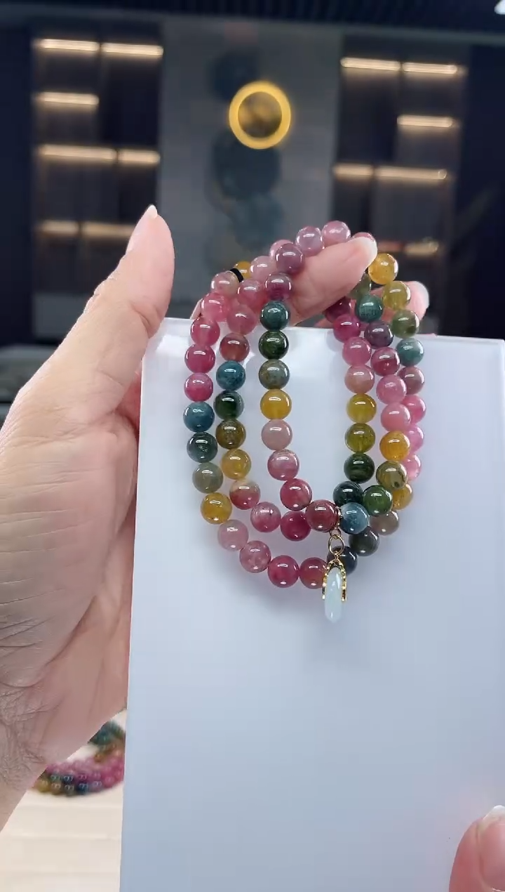 未镶嵌老矿碧玺彩虹三圈手串7mm+碧玺 多样性发一条）Q
