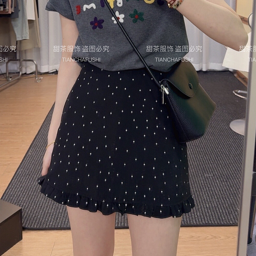 sweet c【波点裙】Z789#黑色复古半身裙女夏季高腰短款花边包臀短裙