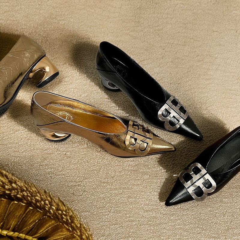 XFX【跟5CM】春季法式尖头粗跟百搭浅口单鞋时尚气质真皮女鞋001