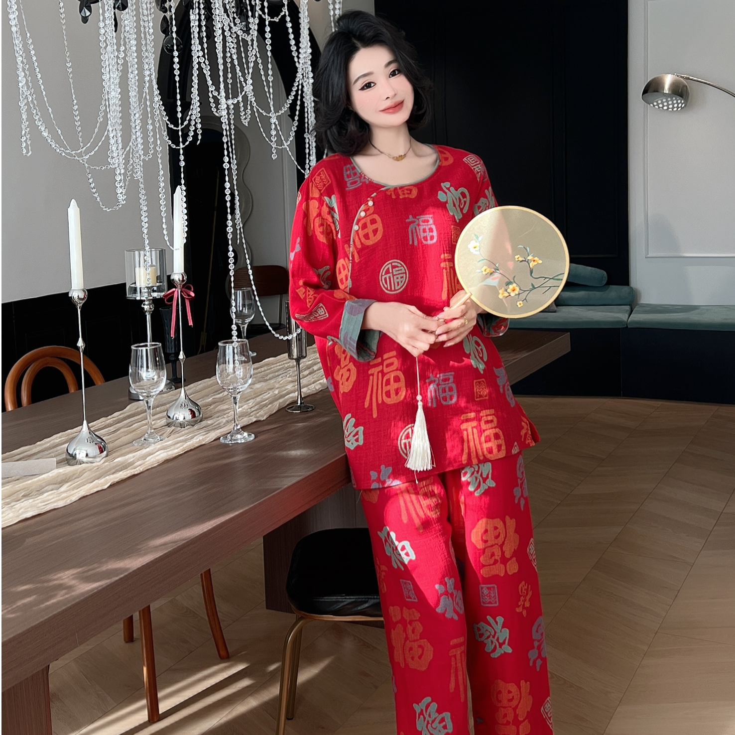 秋冬双层纱全棉新中式女长袖保暖古典时尚显瘦复古文艺家居服1171