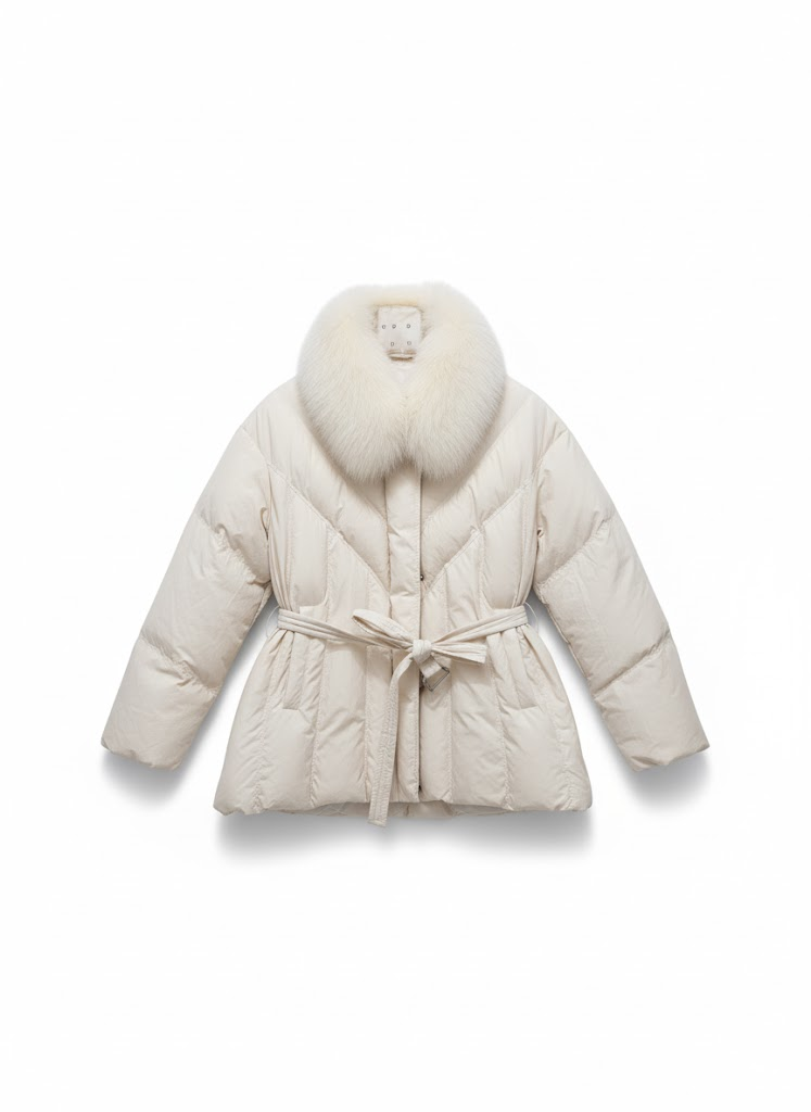 2025冬季新款韩系90白鸭绒狐狸毛领羽绒服女气质中长款系带8501