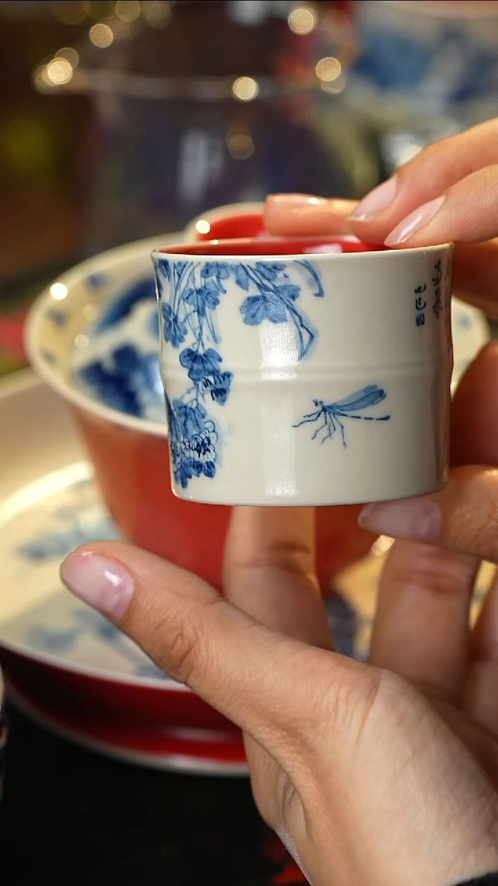 雨香斋柿子红蜻蜓花卉竹节杯