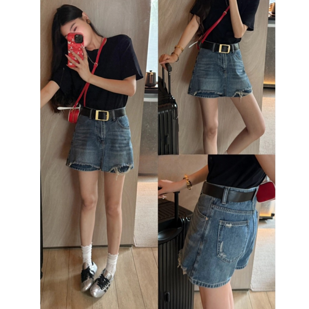 【送腰带】破洞毛边a字牛仔裙裤2025夏秋新款高腰显瘦短裤牛仔裤裙