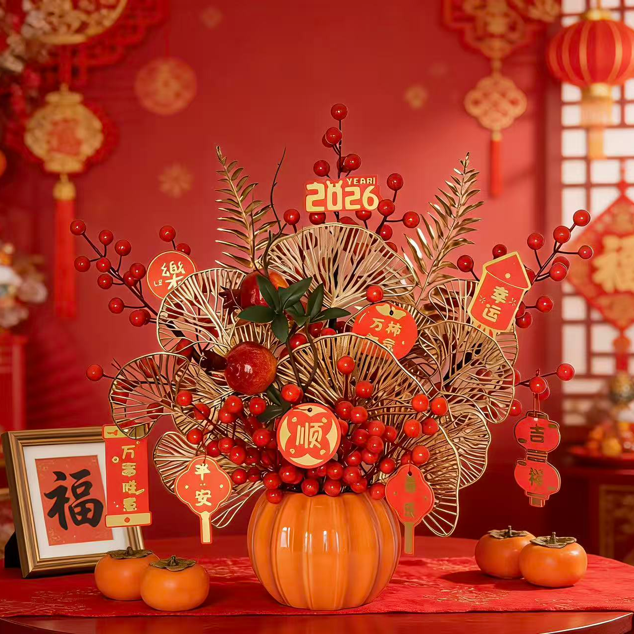 新款2026新春南瓜盆仿真石榴红浆果高档电视柜创意新中式花艺摆件