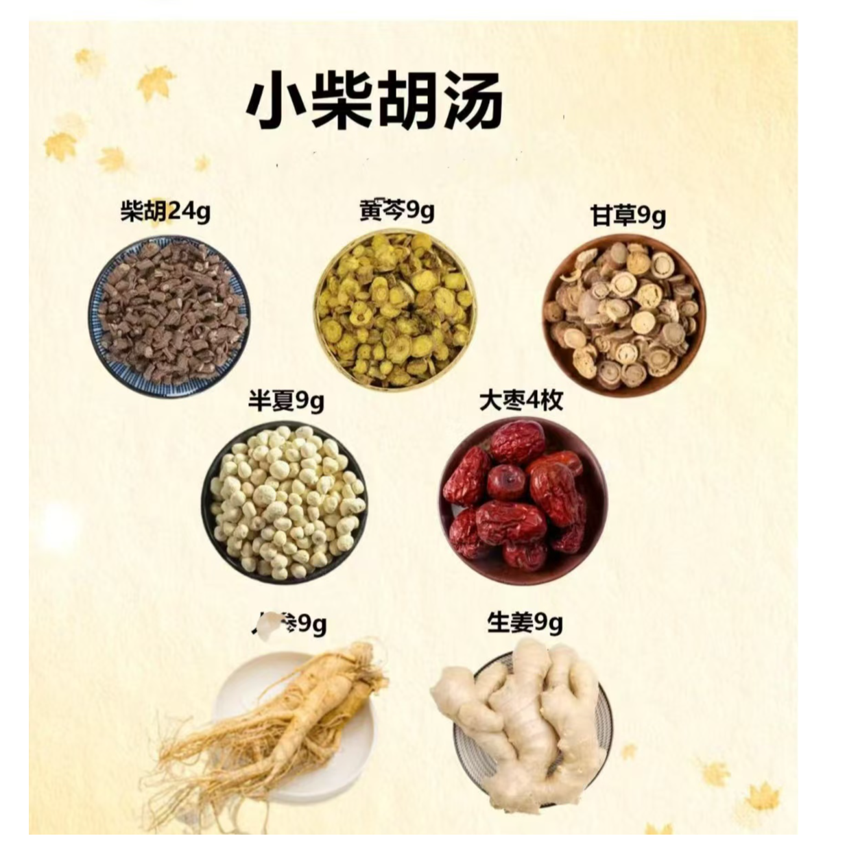 【小柴胡汤】道地选材、柴胡、生姜、大枣。枝甘草  等食材。