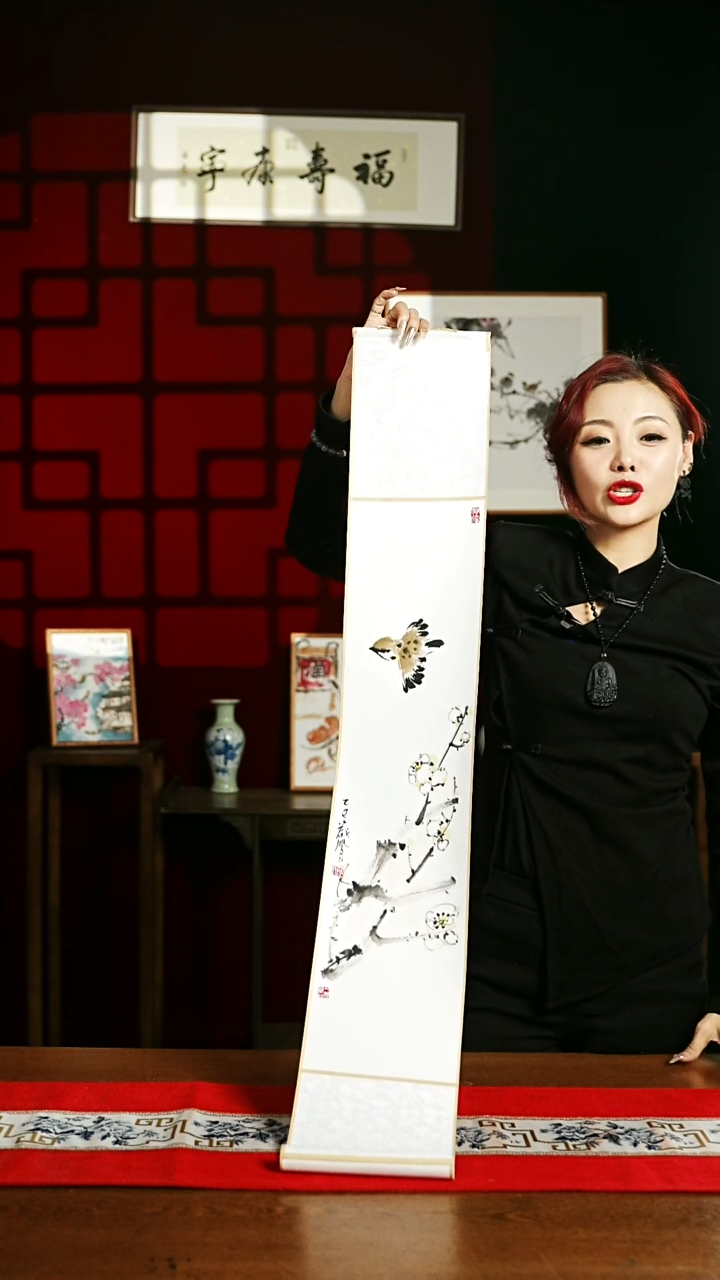 【闪购商品】书法绘画卷轴17*110冬 白梅麻雀