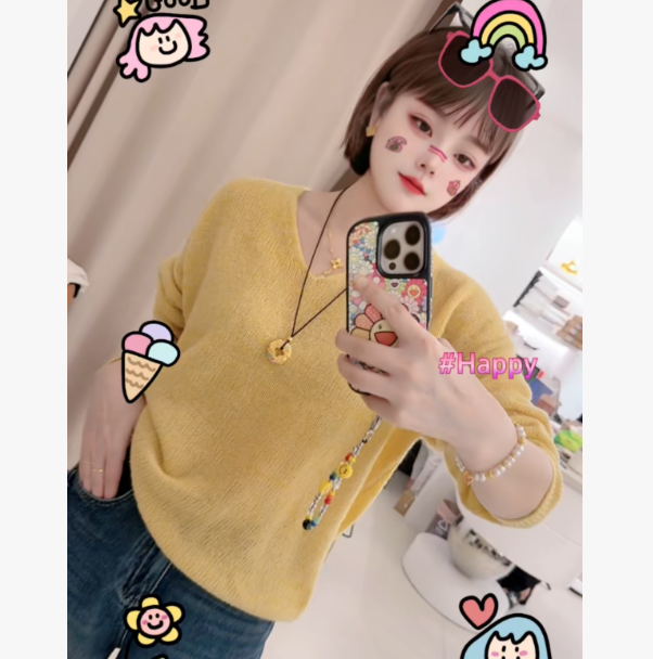 秋冬V领落肩慵懒风花线亮片粗针织套头上衣