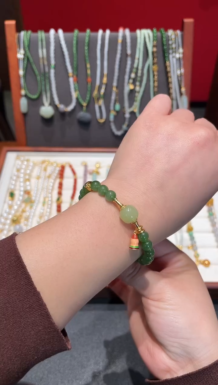 颈饰银S925镀金镶嵌和田玉碧玉手链