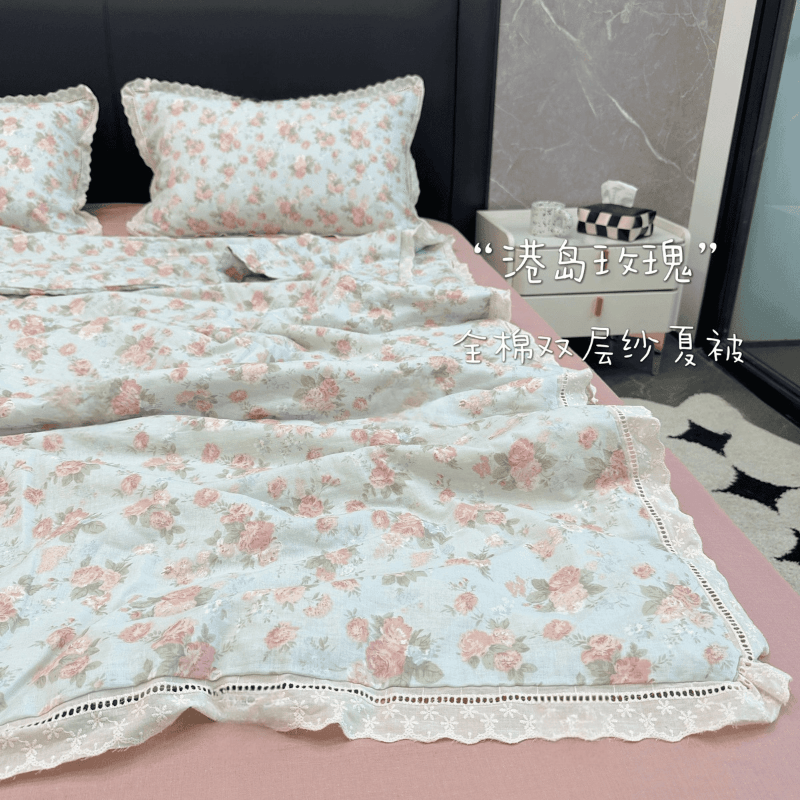 纯棉双层纱夏被全棉A类纱布空调被芯可机洗夏凉被四件套花边款