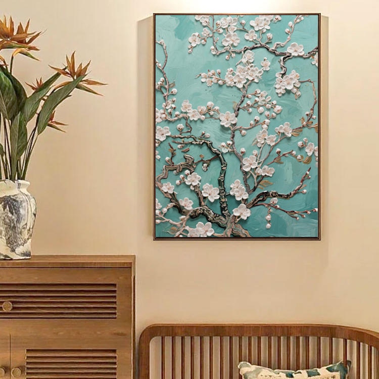 【杏花】梵高莫奈油画手工砂岩中式客厅沙发背景墙挂画玄关壁画 