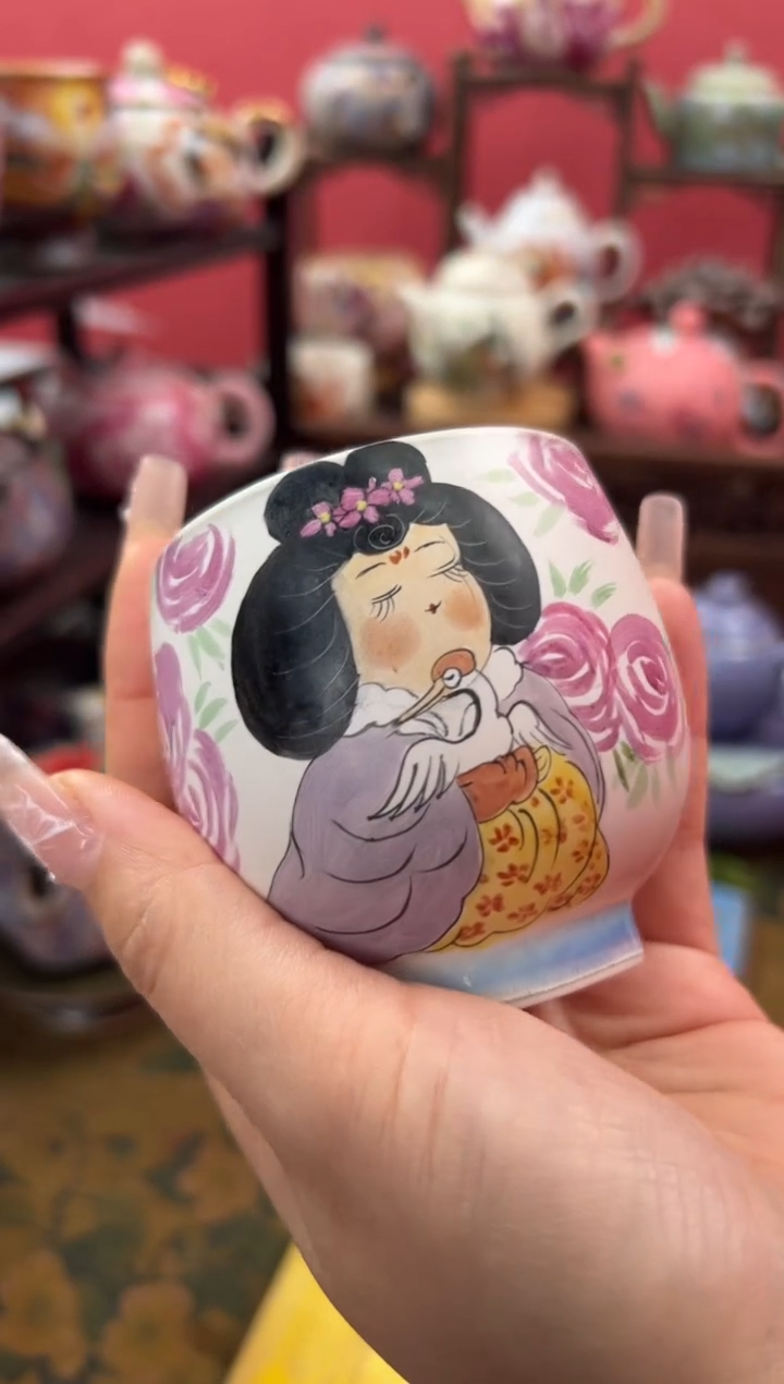 【闪购商品】星空蓝手绘唐宫美人杯窑变龙蛋杯