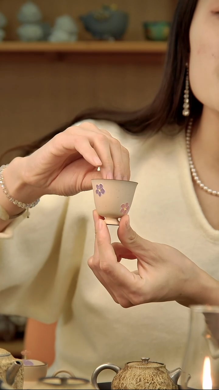 言野手作 粉引点彩小高足杯