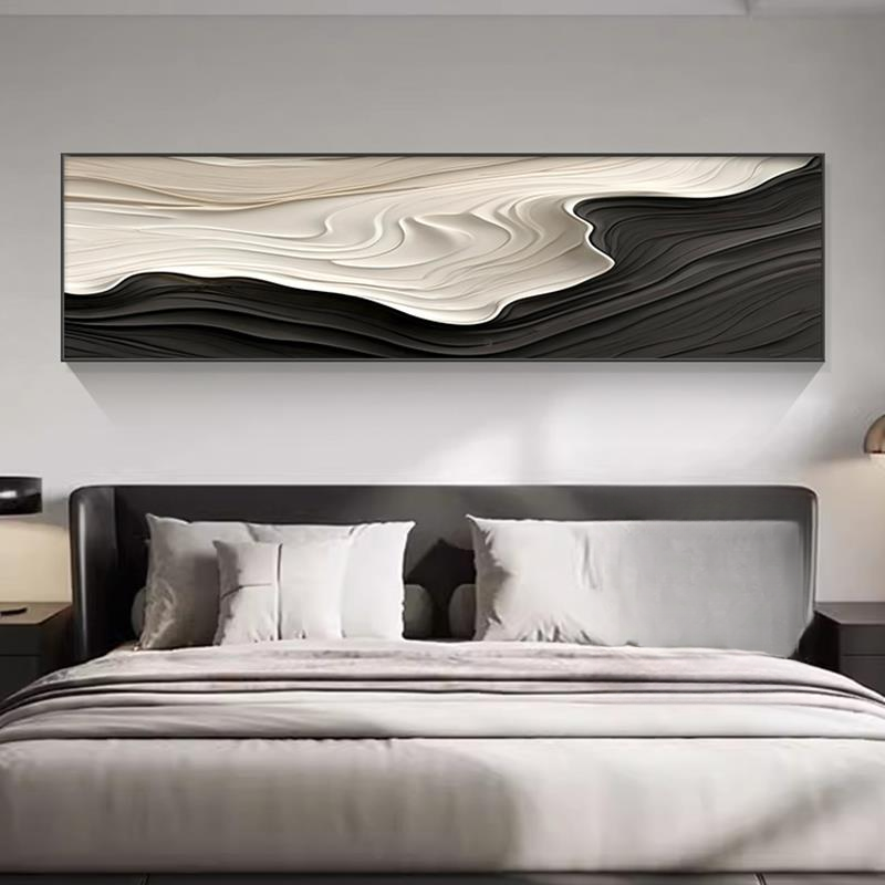 现代简约卧室装饰画横版抽象极简黑白挂画大气高级感主卧床头壁画