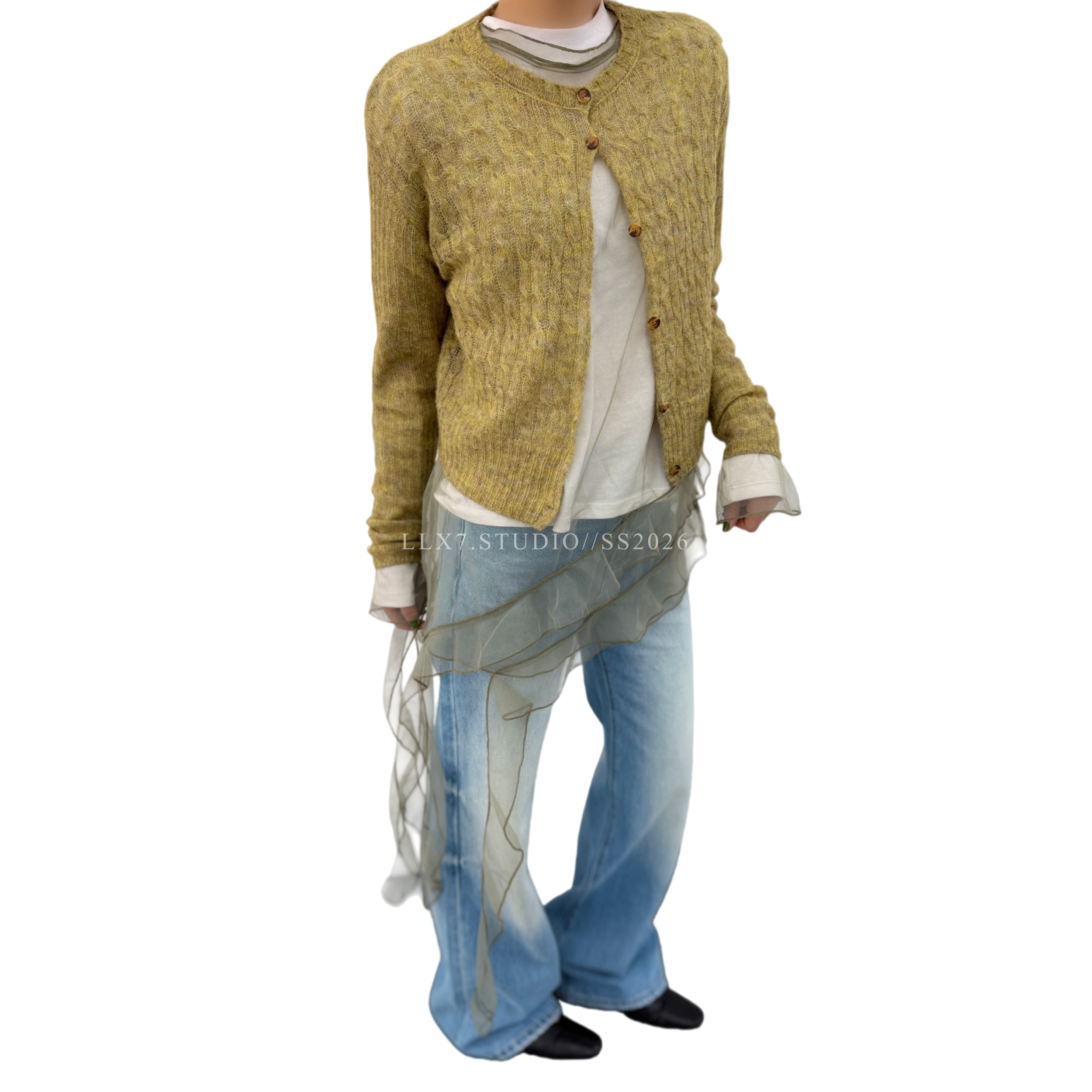 LLX7-ST2026新款直筒微喇牛仔裤水洗浅蓝色系扎花款中腰无弹长裤